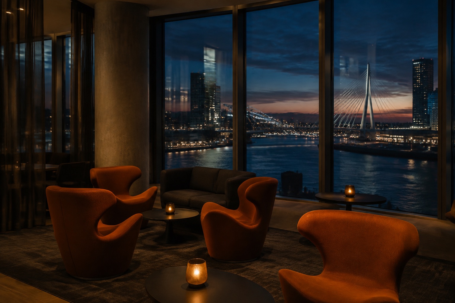 Redactionele illustratie van een rustige volwassen lounge aan de Rotterdamse rivier