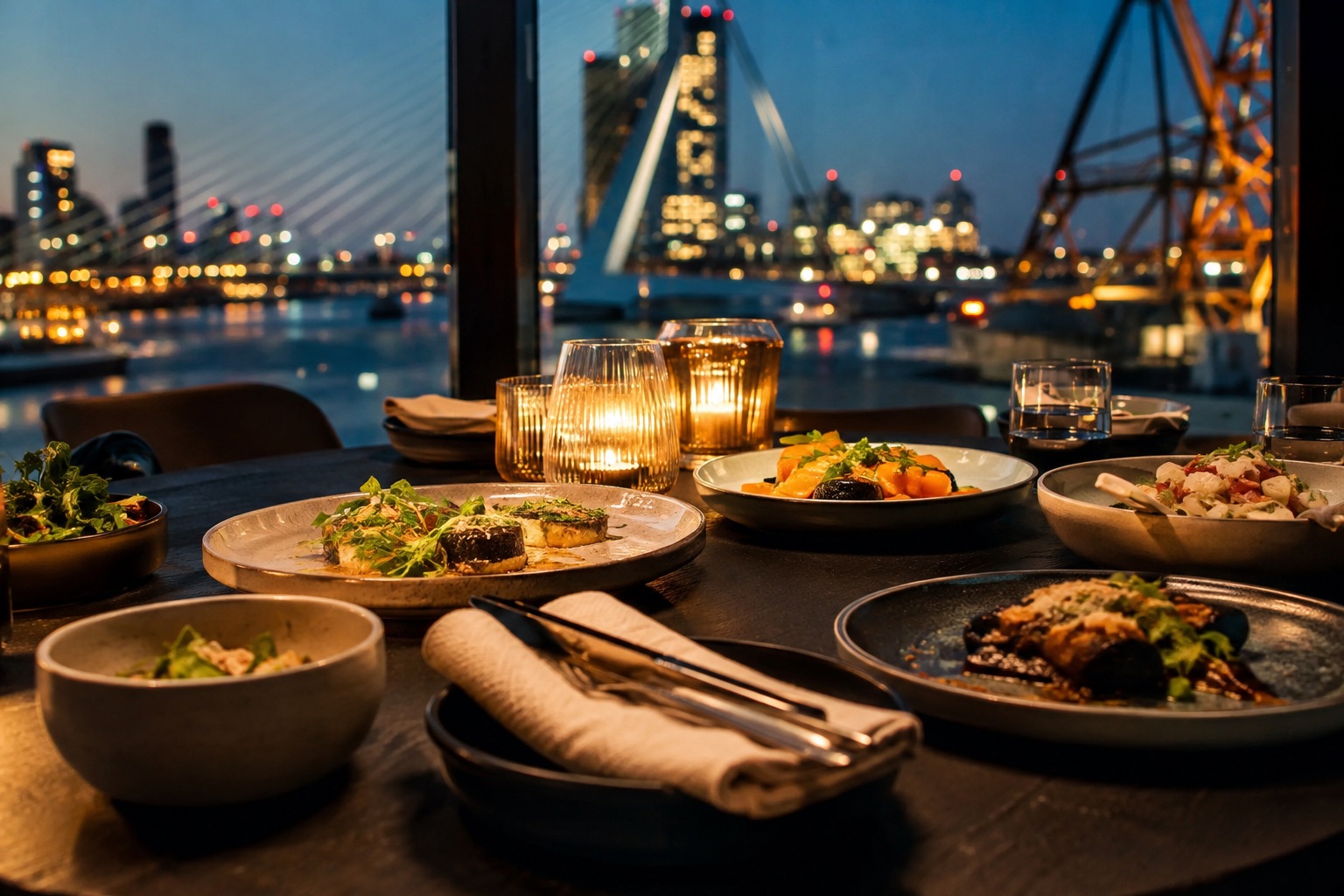 Redactionele illustratie van een volwassen diner met havenlicht op de achtergrond