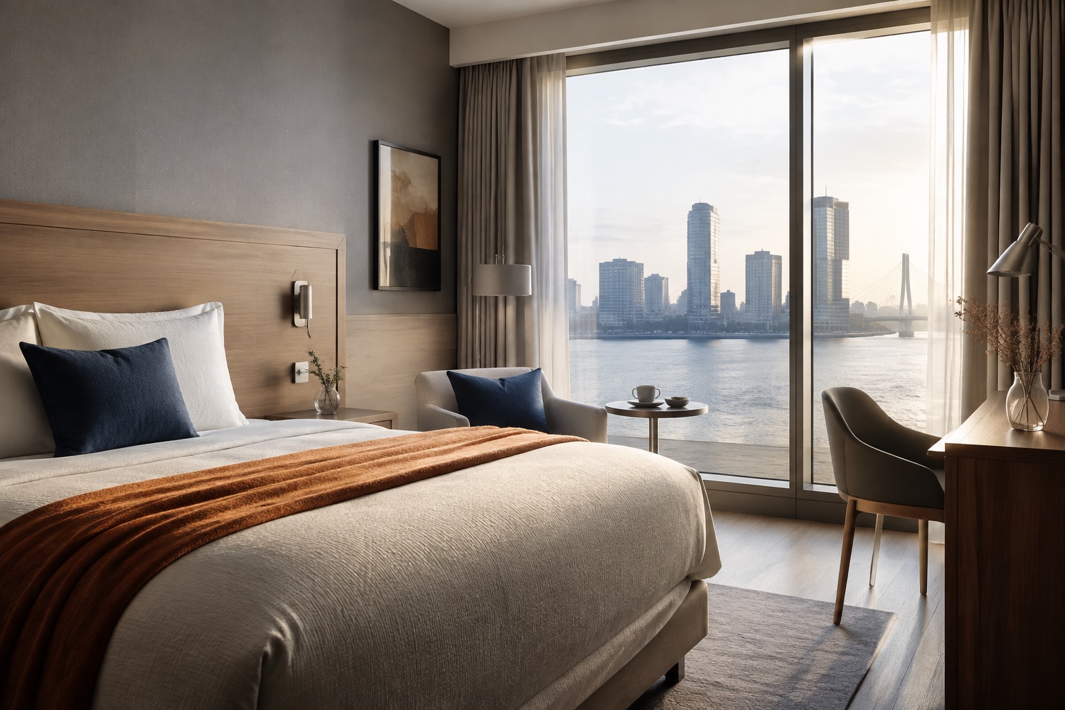 Redactionele illustratie van een rustige moderne hotelkamer met uitzicht op de rivier